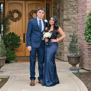 Miabella Navy Blue Satin Gown with Slit and Drape